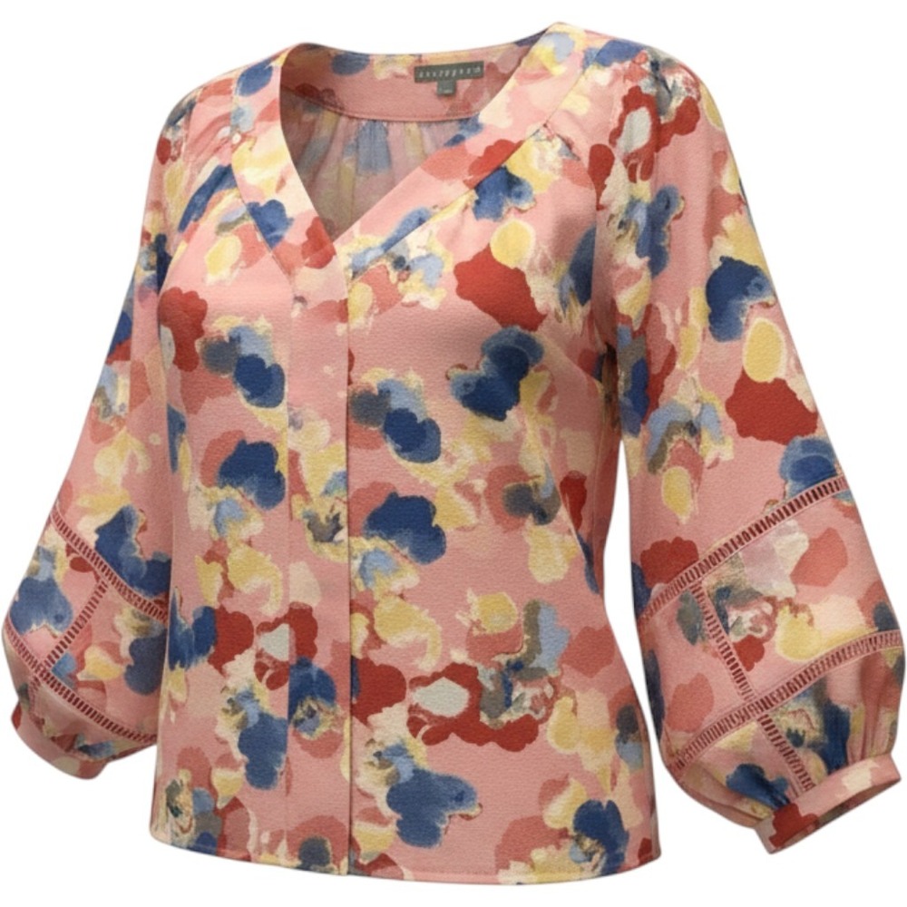 Sharagano Peach Multicolor Balloon Raglan Sleeve Oversize Boho Peasant Top Large